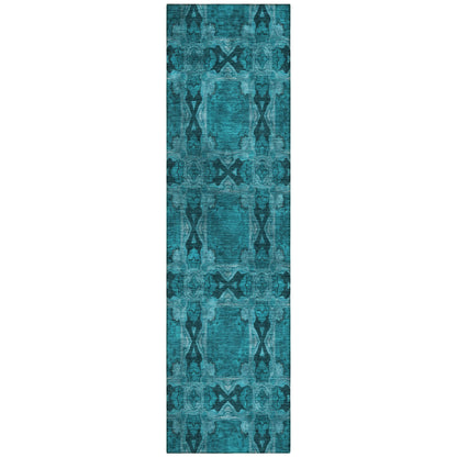 8' Runner Teal Floral Medallion Washable Non Skid Indoor Outdoor Runner Rug