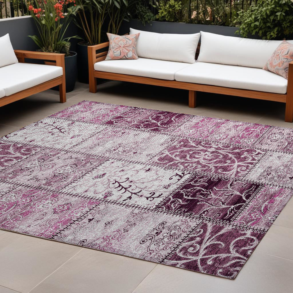 9' X 12' Mountbatten Pink Patchwork Washable Non Skid Indoor Outdoor Area Rug