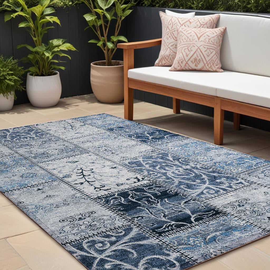 8' X 10' Denim Blue Patchwork Washable Non Skid Indoor Outdoor Area Rug