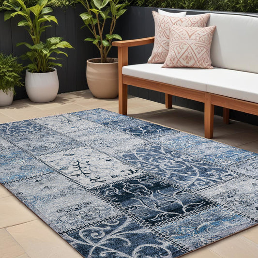 9' X 12' Denim Blue Patchwork Washable Non Skid Indoor Outdoor Area Rug