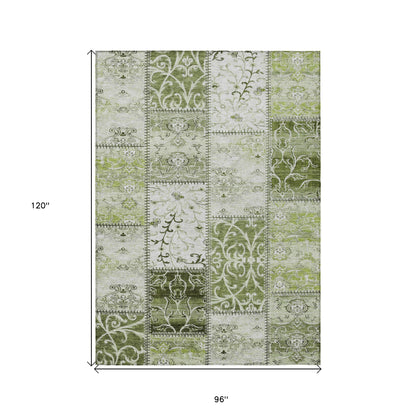 8' X 10' Green Patchwork Washable Non Skid Indoor Outdoor Area Rug