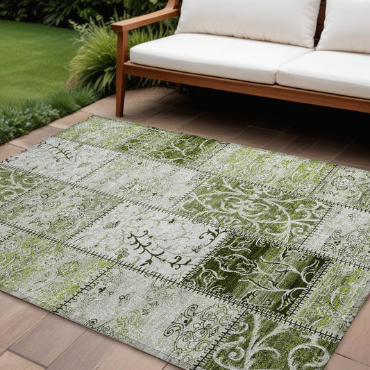 8' X 10' Green Patchwork Washable Non Skid Indoor Outdoor Area Rug