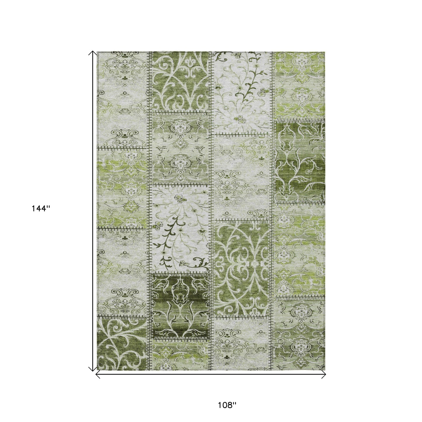 9' X 12' Green Patchwork Washable Non Skid Indoor Outdoor Area Rug