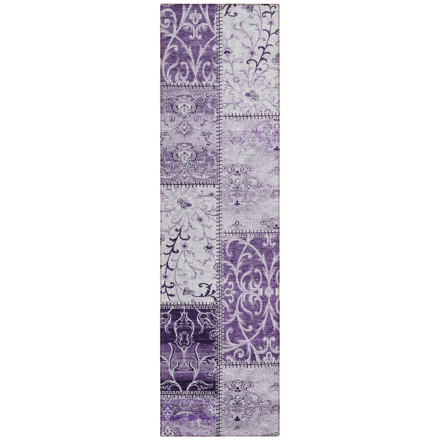 8' Runner Purple Patchwork Washable Non Skid Indoor Outdoor Runner Rug