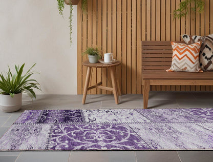 8' Runner Purple Patchwork Washable Non Skid Indoor Outdoor Runner Rug