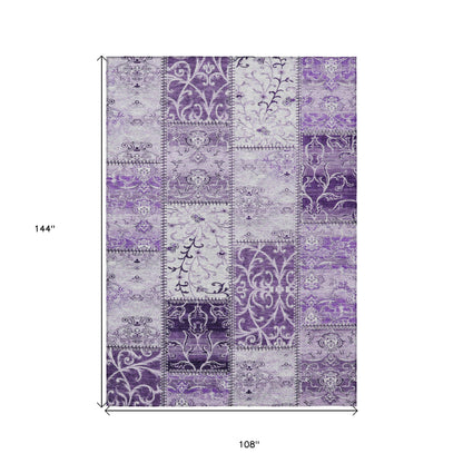 9' X 12' Purple Patchwork Washable Non Skid Indoor Outdoor Area Rug