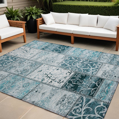 8' X 10' Teal Patchwork Washable Non Skid Indoor Outdoor Area Rug