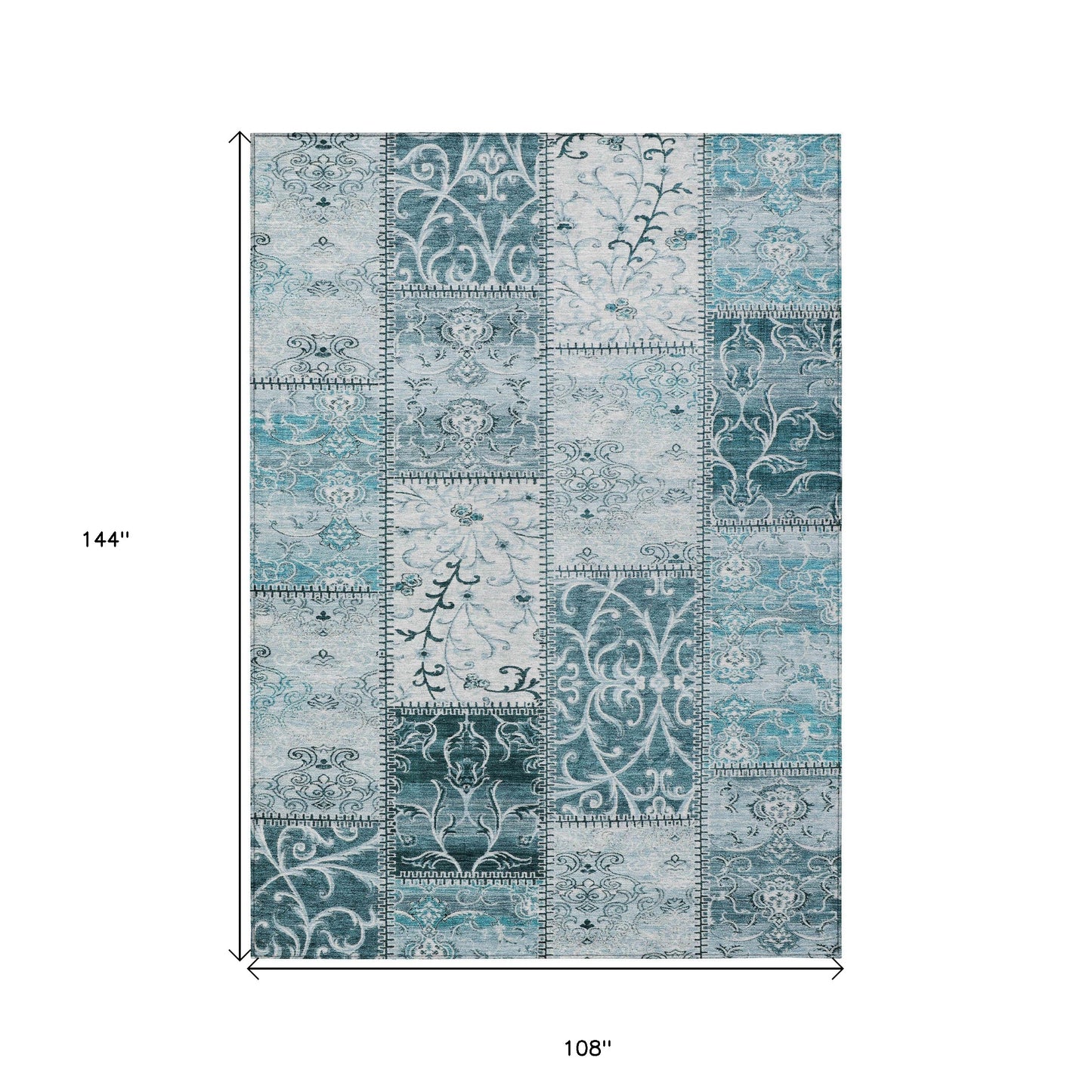 9' X 12' Teal Patchwork Washable Non Skid Indoor Outdoor Area Rug