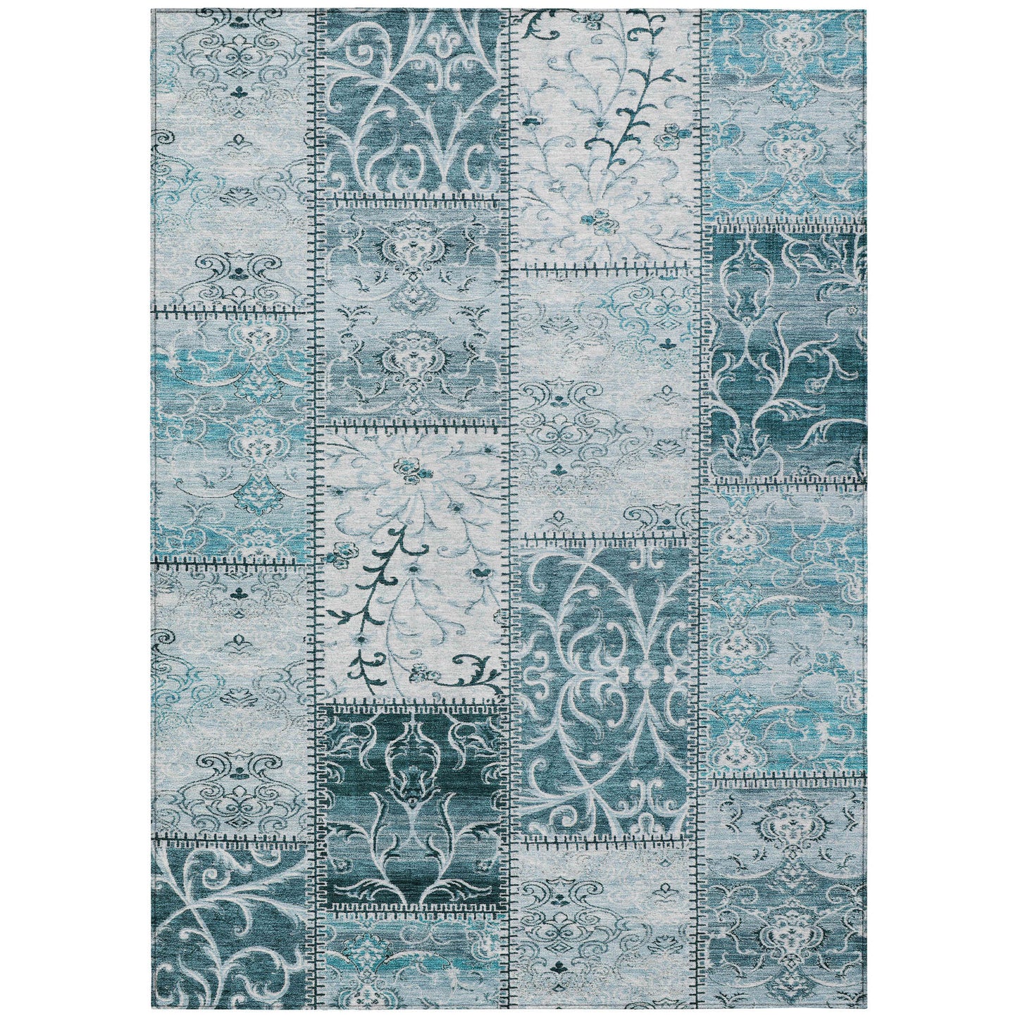 9' X 12' Teal Patchwork Washable Non Skid Indoor Outdoor Area Rug