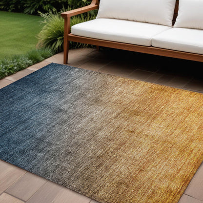 8' X 10' Denim and Gold Ombre Washable Non Skid Indoor Outdoor Area Rug