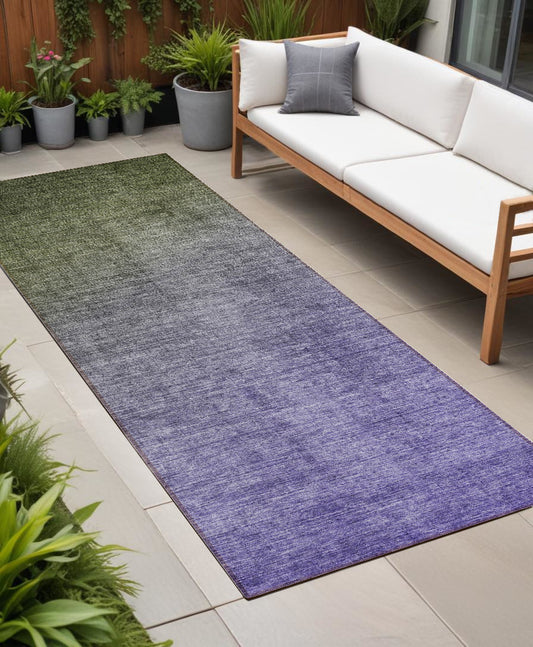 8' Runner Olive Green and Purple Ombre Washable Non Skid Indoor Outdoor Runner Rug