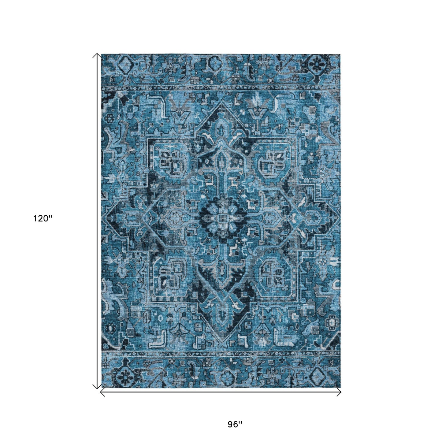 8' X 10' Denim and Gray Oriental Washable Non Skid Indoor Outdoor Area Rug