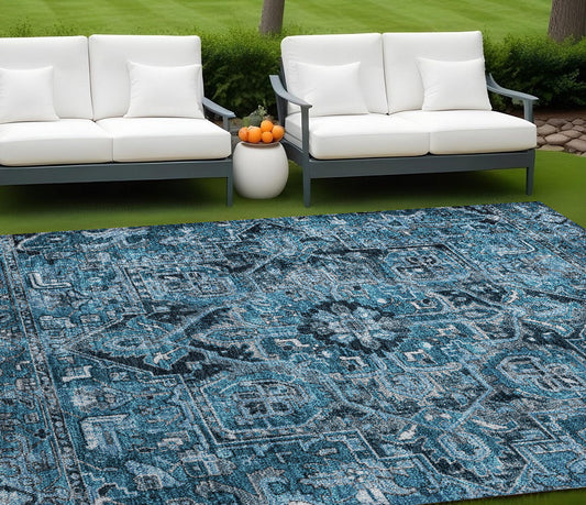 8' X 10' Denim and Gray Oriental Washable Non Skid Indoor Outdoor Area Rug