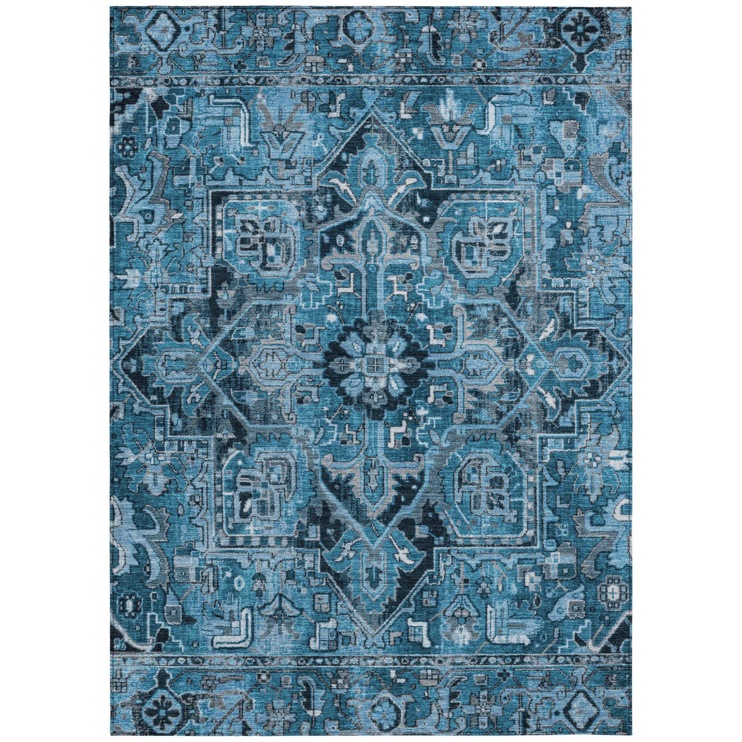 8' X 10' Denim and Gray Oriental Washable Non Skid Indoor Outdoor Area Rug