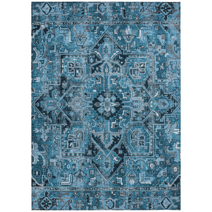 9' X 12' Denim and Gray Oriental Washable Non Skid Indoor Outdoor Area Rug