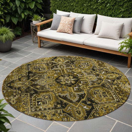 8' Round Coffee and Gray Round Oriental Washable Non Skid Indoor Outdoor Area Rug