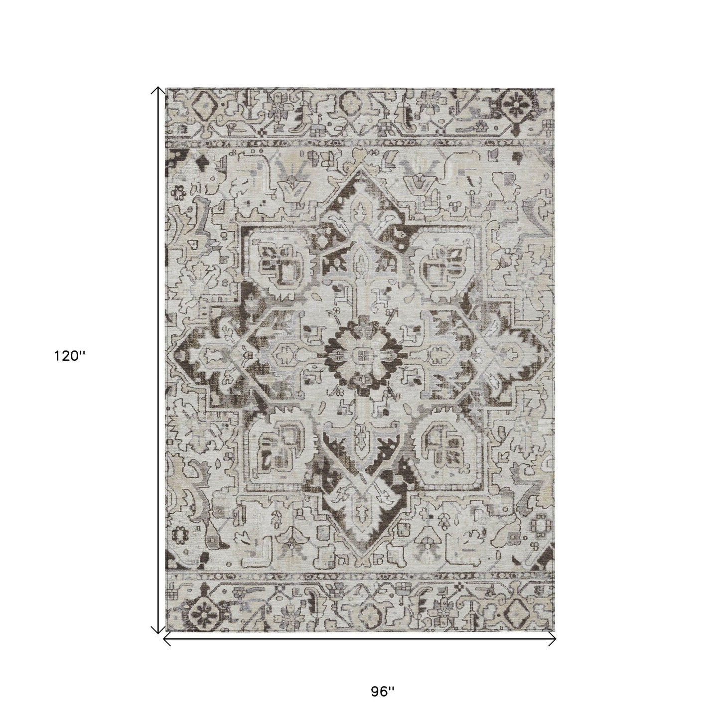 8' X 10' Ivory and Dark Brown Oriental Washable Non Skid Indoor Outdoor Area Rug