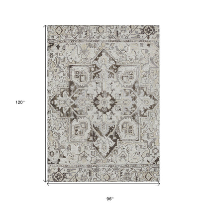 8' X 10' Ivory and Dark Brown Oriental Washable Non Skid Indoor Outdoor Area Rug