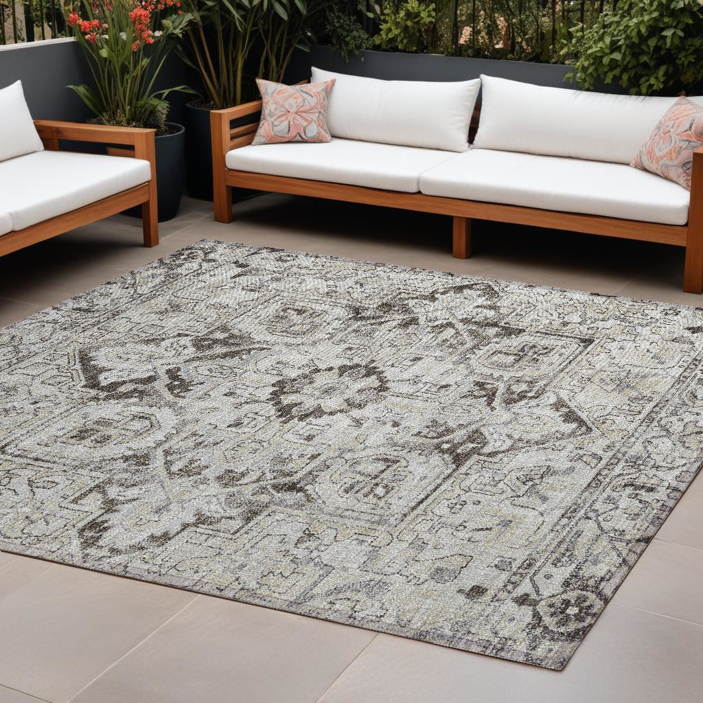 8' X 10' Ivory and Dark Brown Oriental Washable Non Skid Indoor Outdoor Area Rug