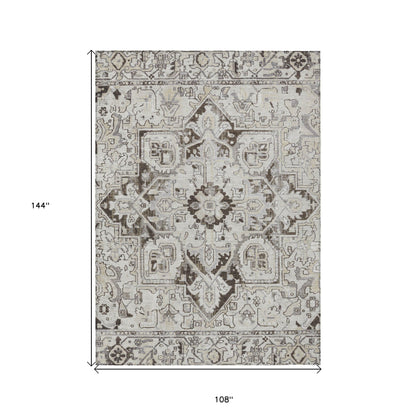 9' X 12' Ivory and Dark Brown Oriental Washable Non Skid Indoor Outdoor Area Rug