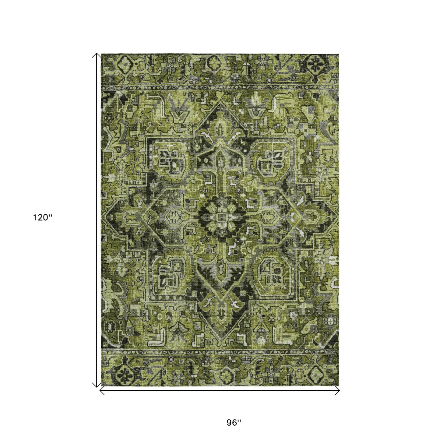 8' X 10' Olive Green and Dark Green Oriental Washable Non Skid Indoor Outdoor Area Rug