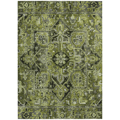 8' X 10' Olive Green and Dark Green Oriental Washable Non Skid Indoor Outdoor Area Rug