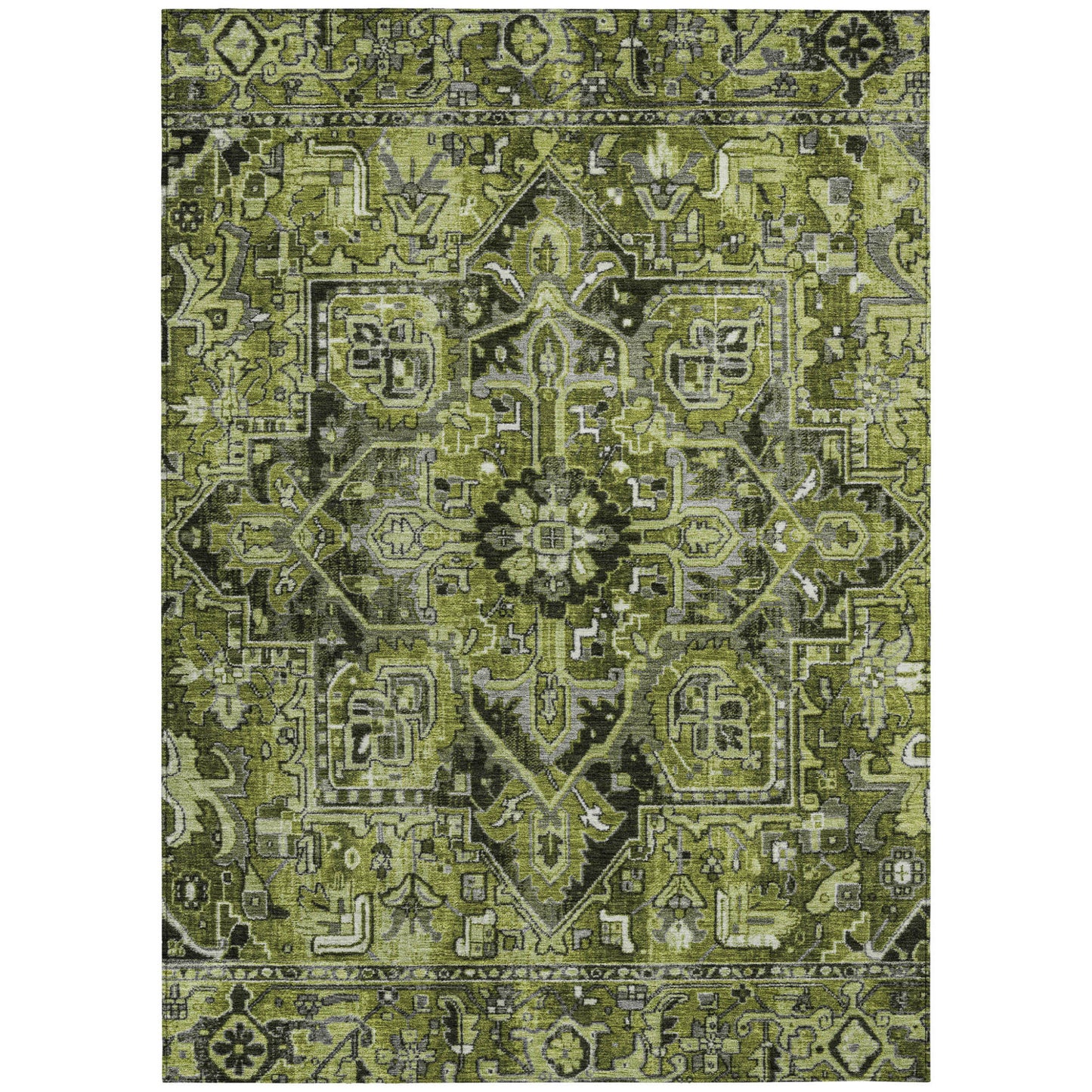 9' X 12' Olive Green and Dark Green Oriental Washable Non Skid Indoor Outdoor Area Rug