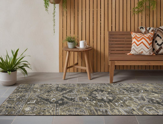 8' Runner Taupe and Dark Taupe Oriental Washable Non Skid Indoor Outdoor Runner Rug