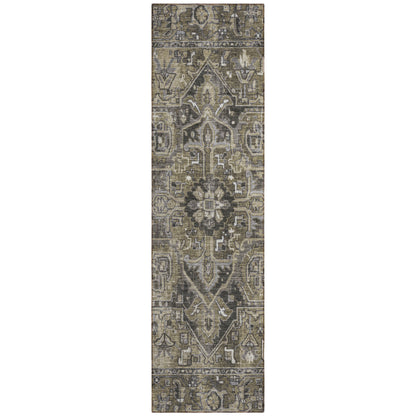 8' Runner Taupe and Dark Taupe Oriental Washable Non Skid Indoor Outdoor Runner Rug