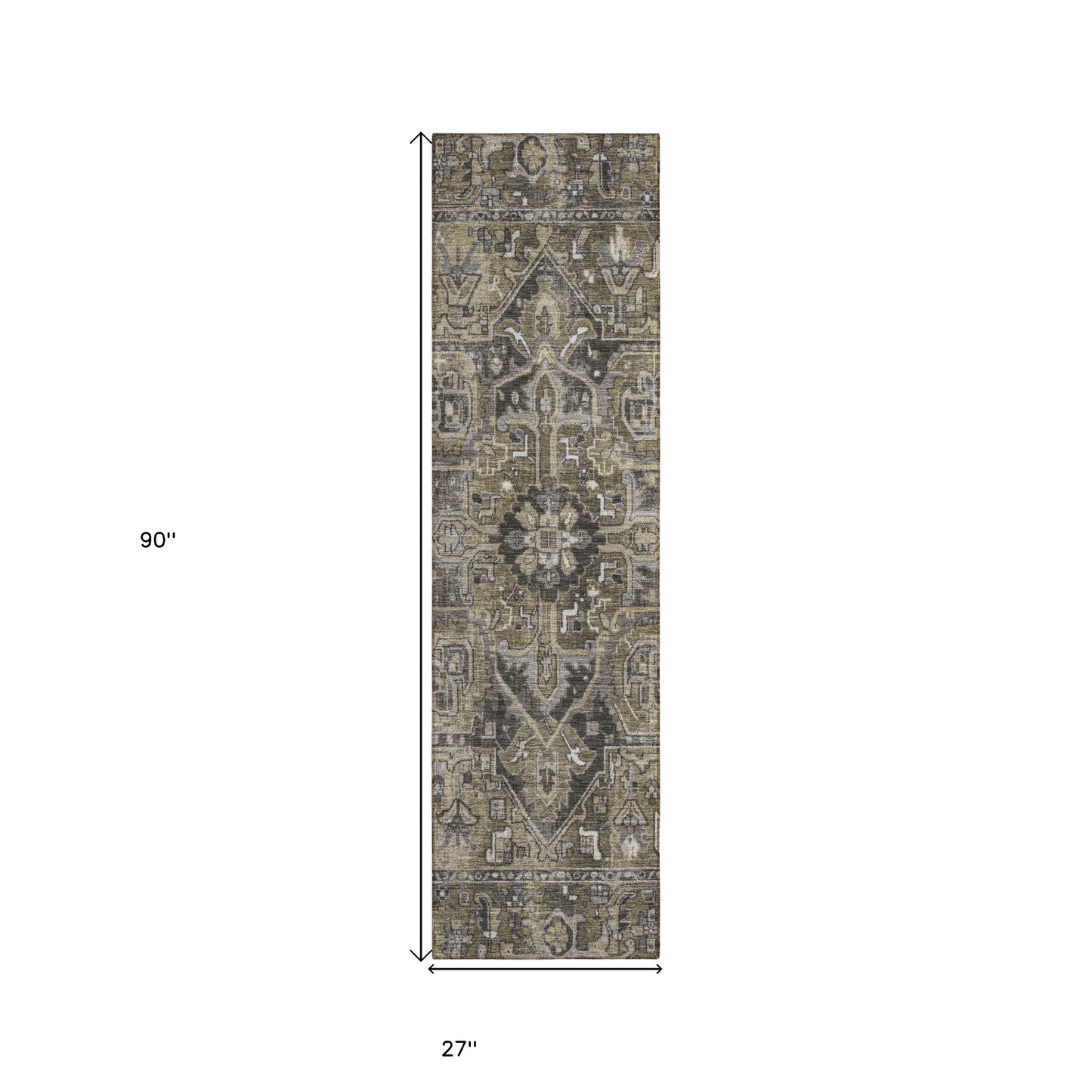 8' Runner Taupe and Dark Taupe Oriental Washable Non Skid Indoor Outdoor Runner Rug