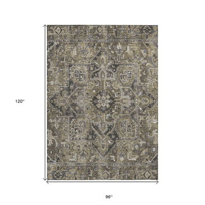 8' X 10' Taupe and Dark Taupe Oriental Washable Non Skid Indoor Outdoor Area Rug