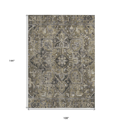 9' X 12' Taupe and Dark Taupe Oriental Washable Non Skid Indoor Outdoor Area Rug