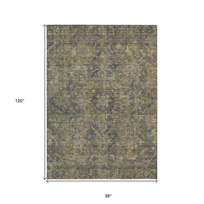 8' X 10' Dark Moss Green and Gray Oriental Washable Non Skid Indoor Outdoor Area Rug