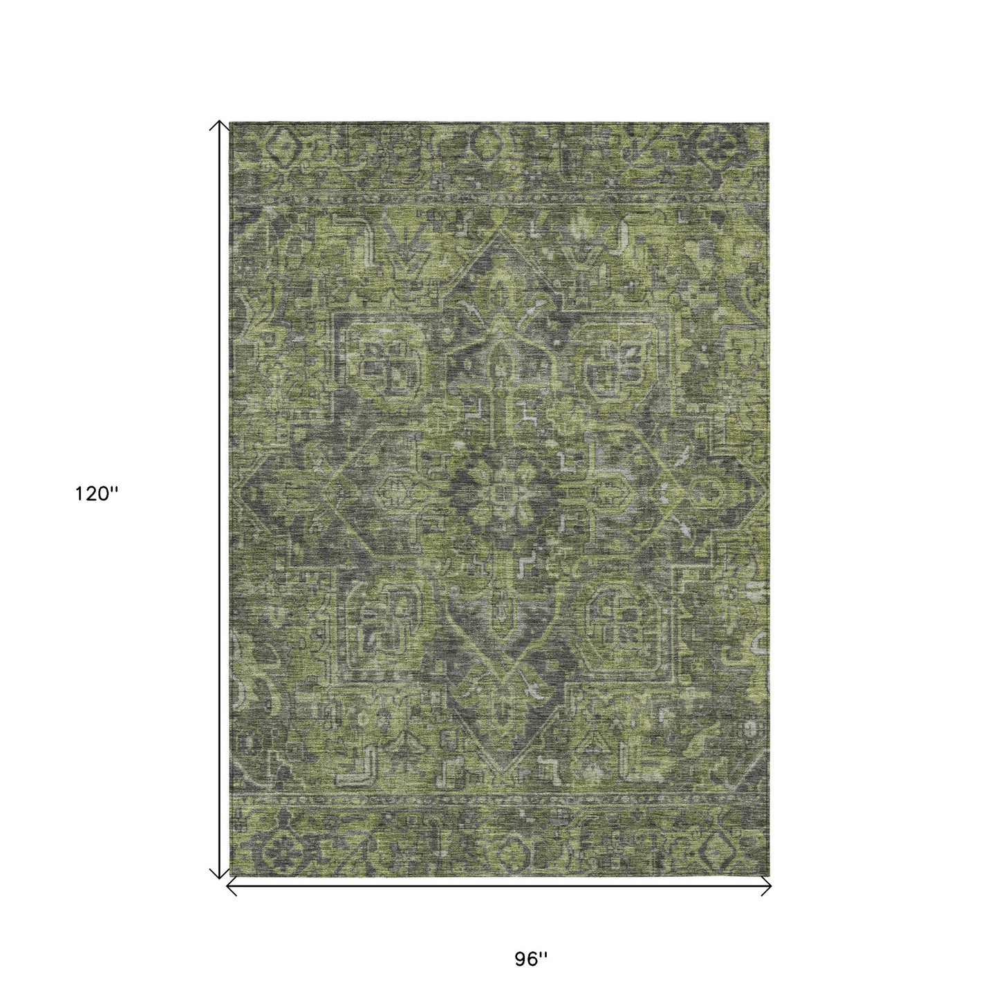 8' X 10' Moss Green and Gray Oriental Washable Non Skid Indoor Outdoor Area Rug