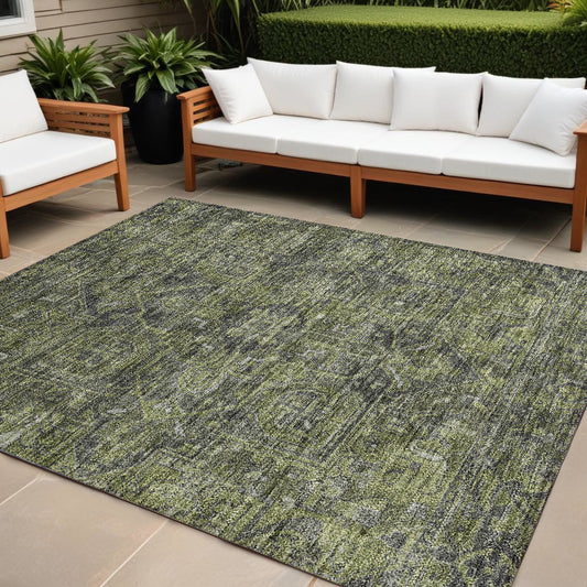 8' X 10' Moss Green and Gray Oriental Washable Non Skid Indoor Outdoor Area Rug