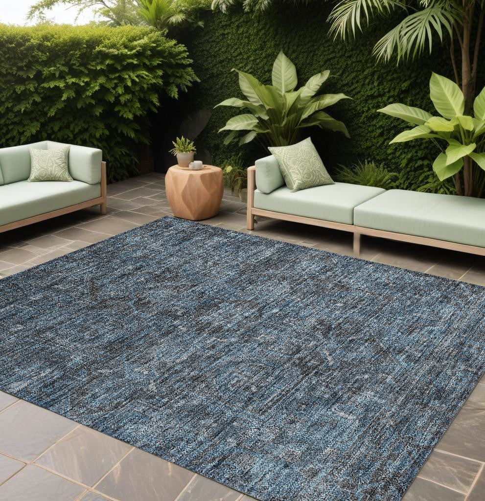 8' X 10' Navy and Black Oriental Washable Non Skid Indoor Outdoor Area Rug