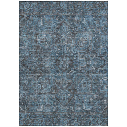 9' X 12' Navy and Black Oriental Washable Non Skid Indoor Outdoor Area Rug