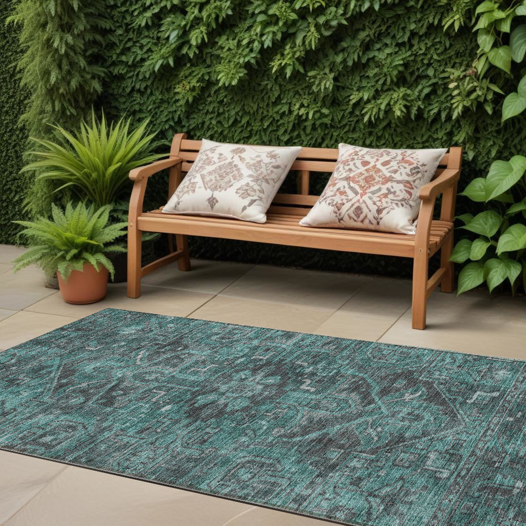 8' Runner Turquoise Oriental Washable Non Skid Indoor Outdoor Runner Rug