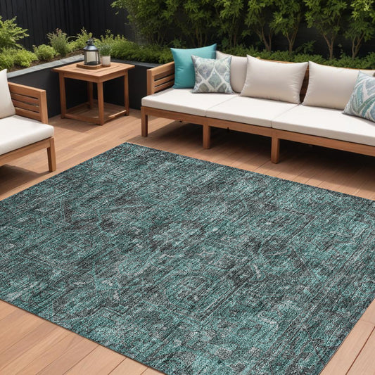 9' X 12' Turquoise Oriental Washable Non Skid Indoor Outdoor Area Rug