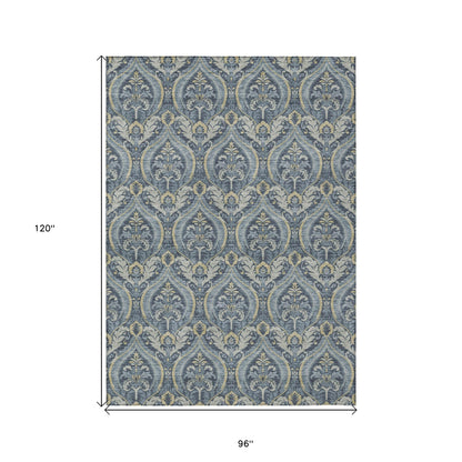 8' X 10' Blue and Cream Damask Washable Non Skid Indoor Outdoor Area Rug