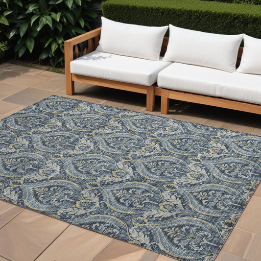 8' X 10' Blue and Cream Damask Washable Non Skid Indoor Outdoor Area Rug