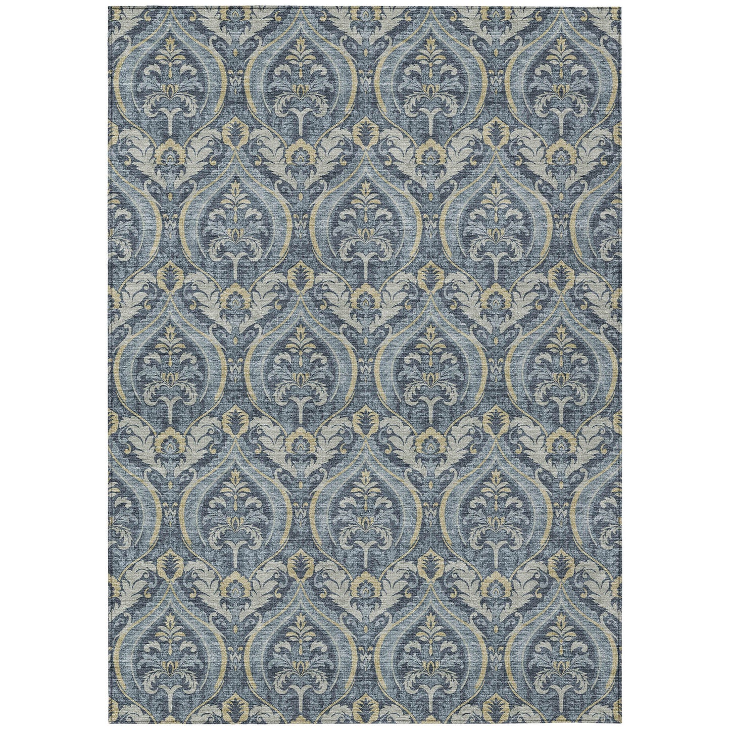 8' X 10' Blue and Cream Damask Washable Non Skid Indoor Outdoor Area Rug