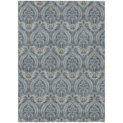 8' X 10' Blue and Cream Damask Washable Non Skid Indoor Outdoor Area Rug