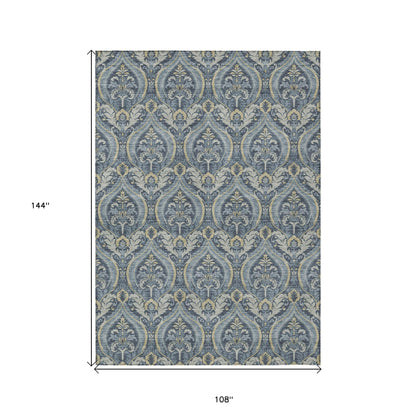 9' X 12' Blue and Cream Damask Washable Non Skid Indoor Outdoor Area Rug