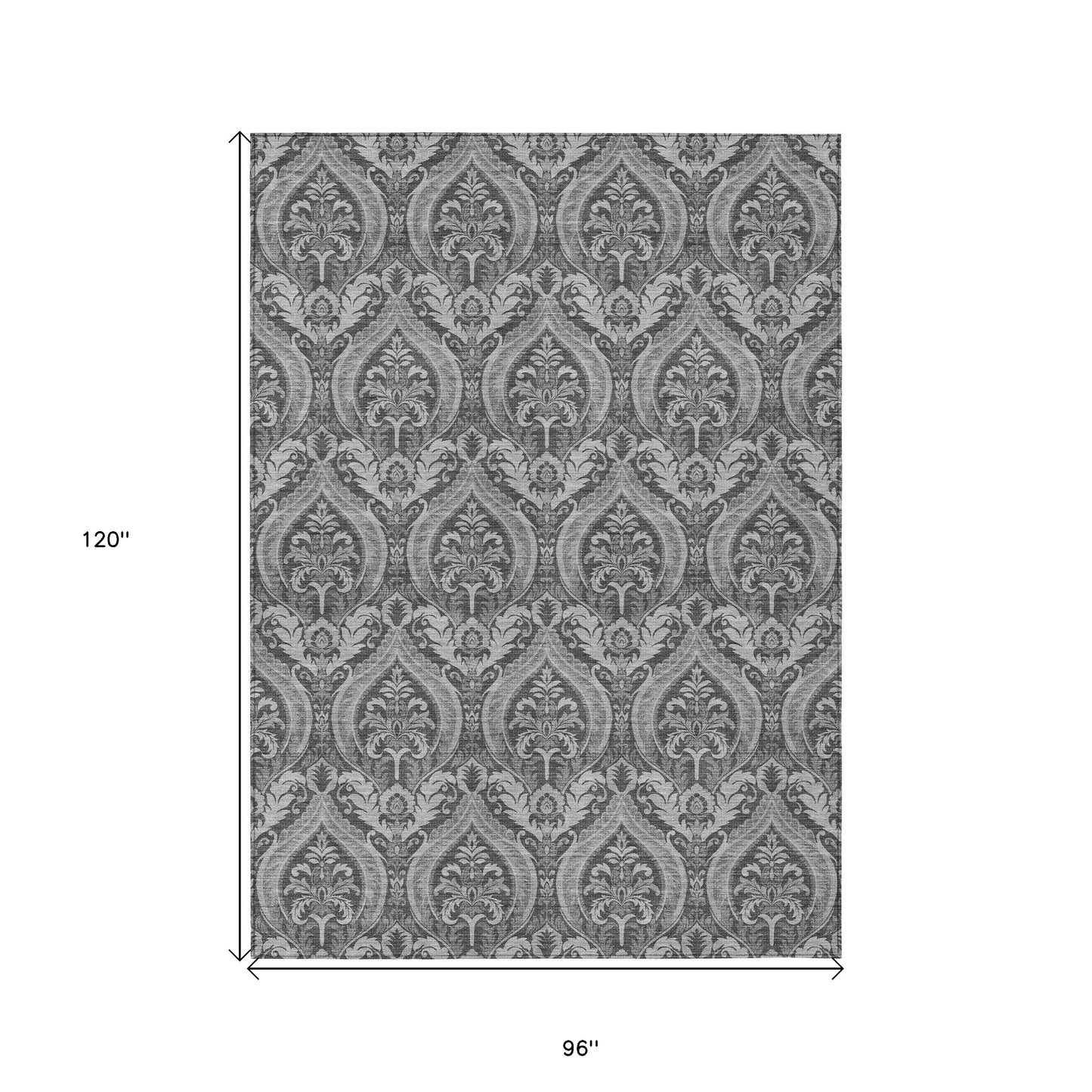 8' X 10' Gray Damask Washable Non Skid Indoor Outdoor Area Rug