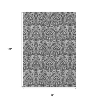 8' X 10' Gray Damask Washable Non Skid Indoor Outdoor Area Rug