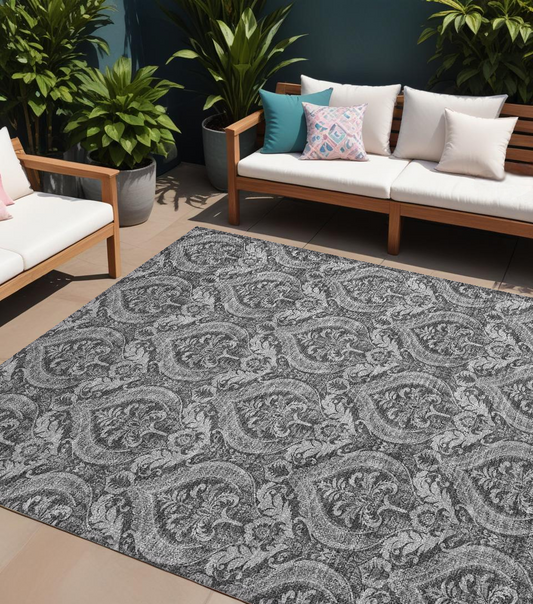 8' X 10' Gray Damask Washable Non Skid Indoor Outdoor Area Rug