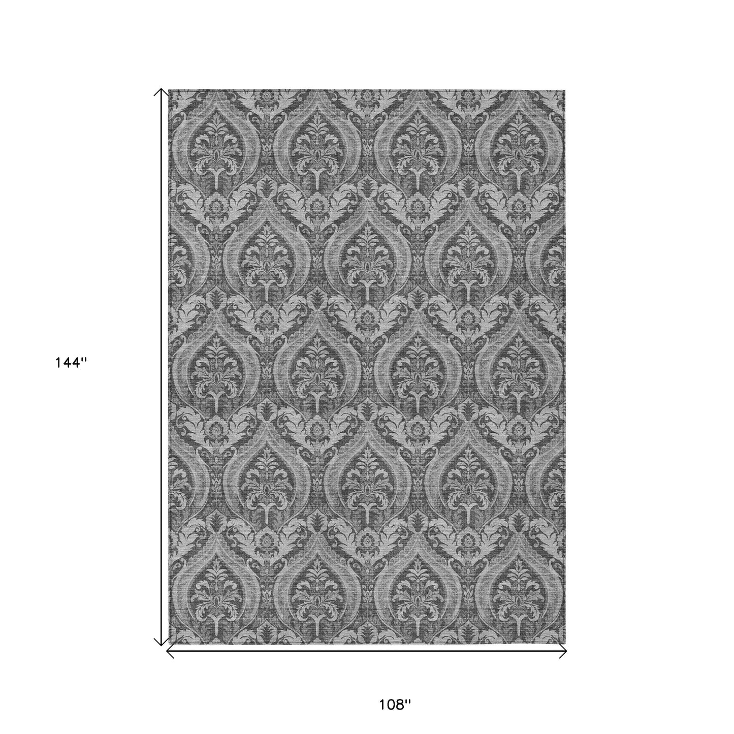 9' X 12' Gray Damask Washable Non Skid Indoor Outdoor Area Rug