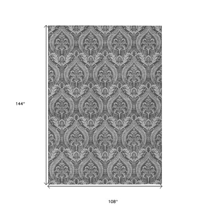 9' X 12' Gray Damask Washable Non Skid Indoor Outdoor Area Rug