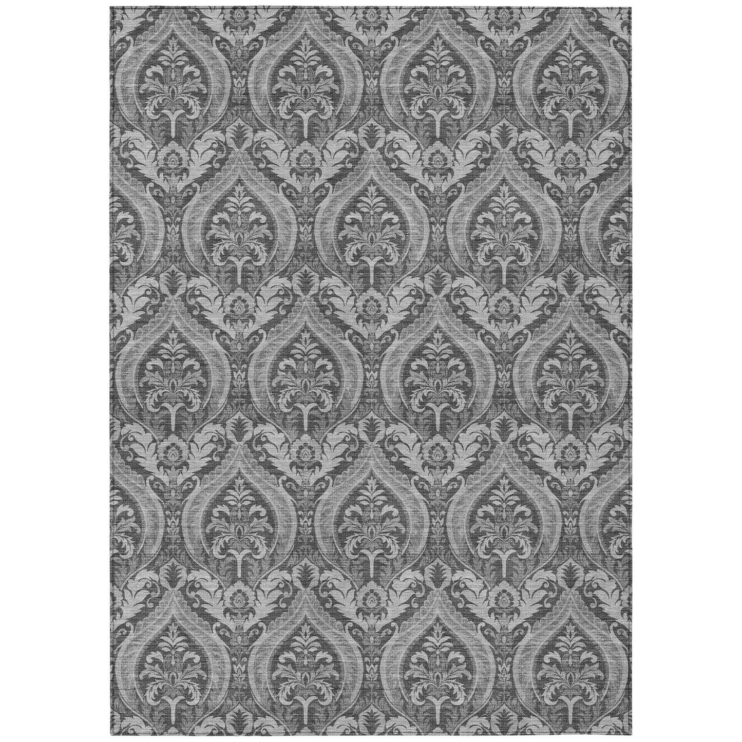 9' X 12' Gray Damask Washable Non Skid Indoor Outdoor Area Rug